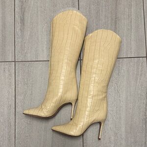 Schutz Cream Croc-Embossed Knee-High Boots - size 6.5